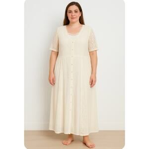Vintage Plus Size 3X Maxi Dress Ivory Cream Lace Button Front Boho CottageCore